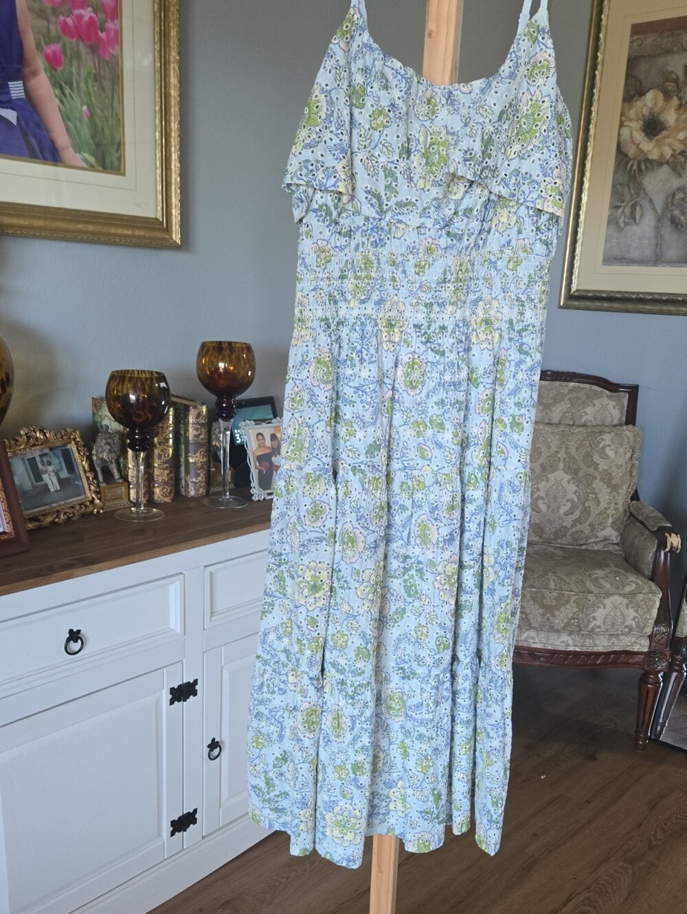 Elan Light Blue Floral Maxi Dress with Green Accents